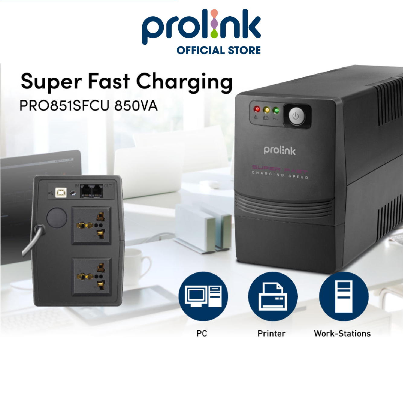Bộ lưu điện UPS PROLiNK PRO851SFCU (850VA) công suất 480W, tích hợp bộ AVR, sạc siêu nhanh, dùng cho PC,...