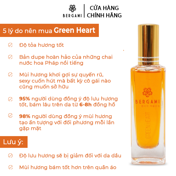Nước hoa nữ Bergami Green Heart, nước hoa chính hãng XẠ HƯƠNG, mùi hương quyến rũ ngọt ngào và tươi mát 20ml