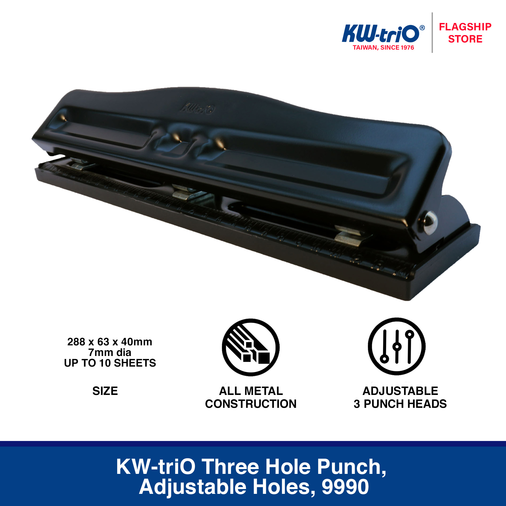Kw-Trio Three Hole Heavy Duty Punch, Adjustable Holes (15179630