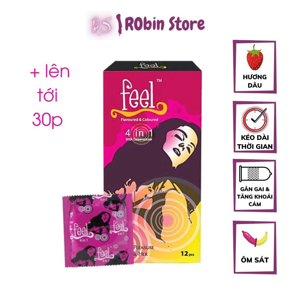 Bao cao su Feel 4 in 1 hương dâu gân gai giúp kéo dài thời gian quan hệ hộp 12 bcs - Robin Store thumbnail