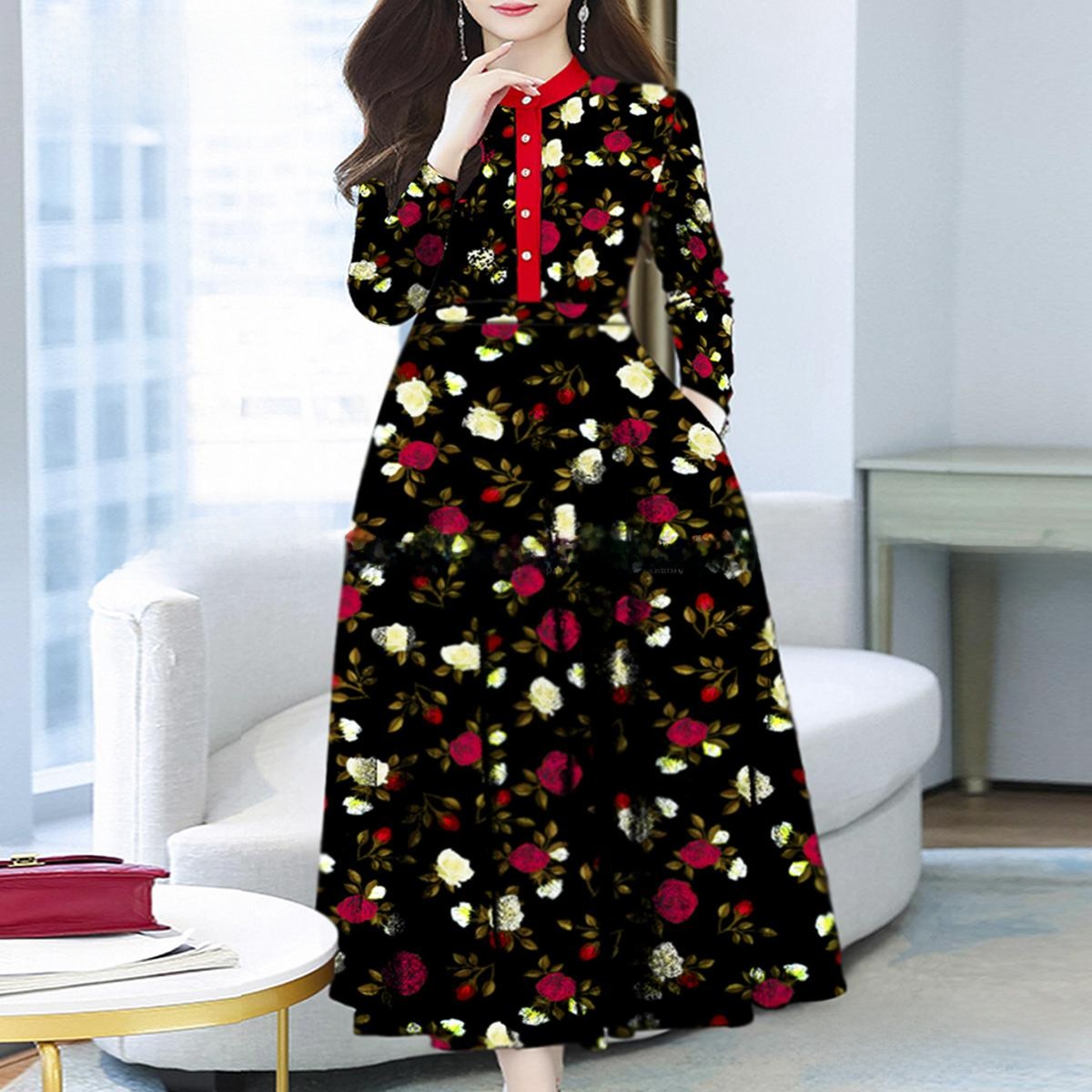 Women Attractive High-Quality Rose Print Pocket System Semi long Kurti.