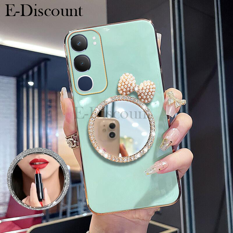 New Phone case Vivo Y29 Back cover with Bow Makeup Mirror Luxury Shiny Gradient Clear Soft 6D Plating Girls Slim for VIVO Y29 5G case.