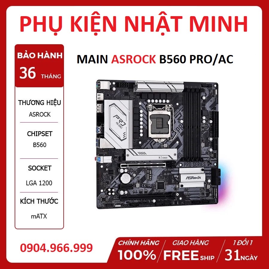 MAINBOARD ASROCK B560M PRO 4 AC (Intel B560, Socket 1200, m-ATX, 4 khe Ram DDR4) tích hợp wifi chính hãng BH 36 tháng thumbnail