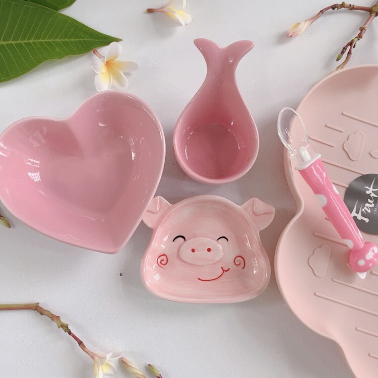 Combo Chén Sứ Ăn Dặm Màu Hồng Cho Bé