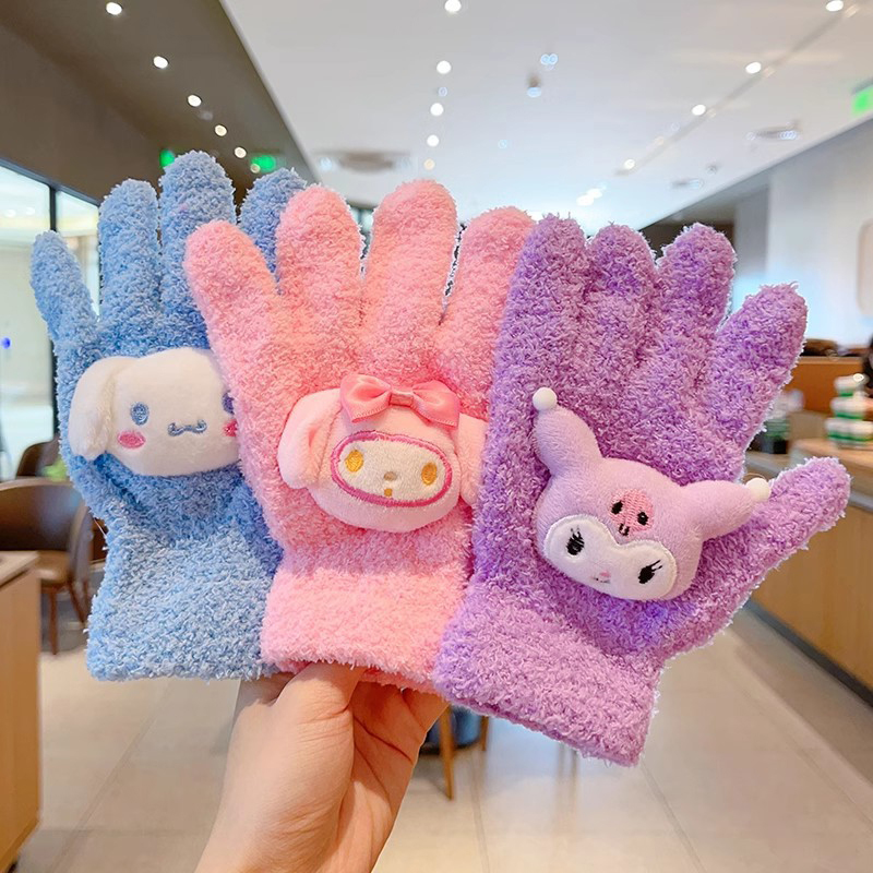 1Pair Kawaii Cute Kuromi Melody Cinnamoroll Kt Cat Gloves Cartoon Five Finger Gloves Fashion Autumn Winter Warm Student Gloves Bayline