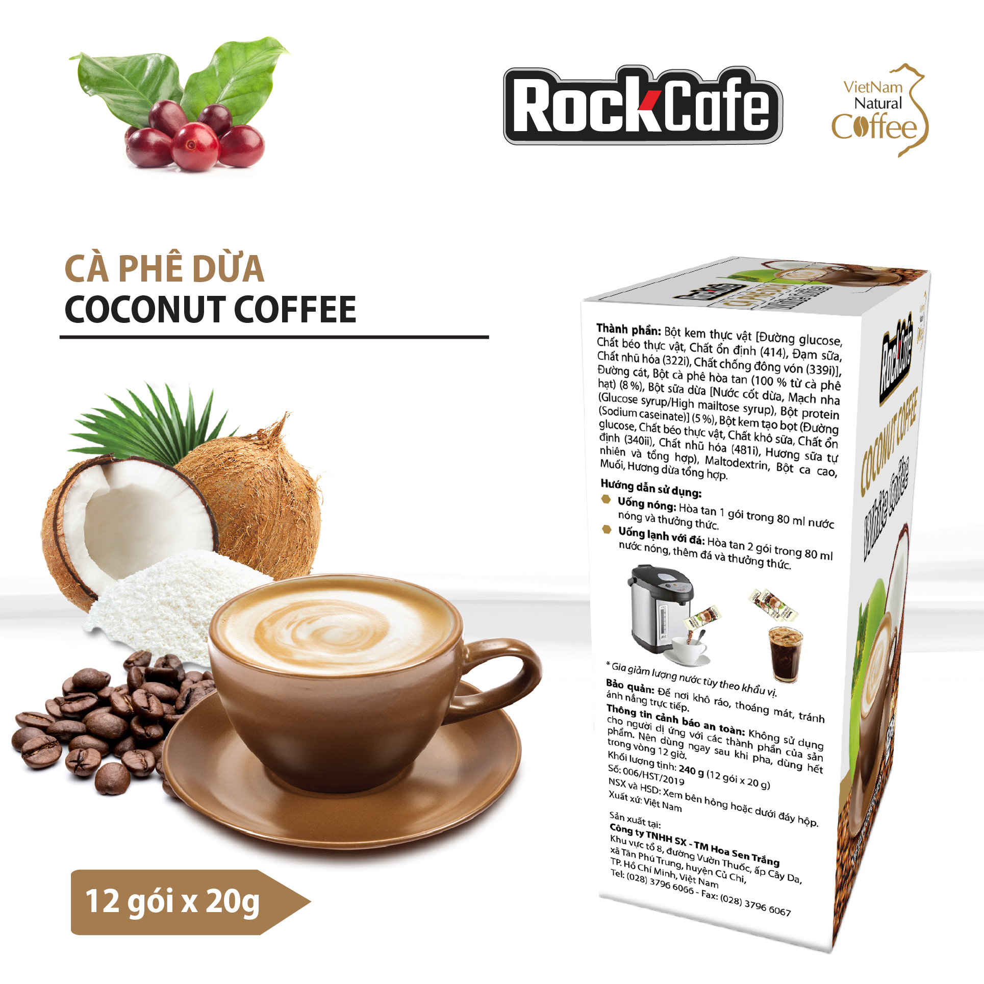 RockCafe - Cà phê hòa tan 3 trong 1 - Vị Dừa White Coffee độc đáo - Thơm ngon - Tinh khiết - Chuẩn vị cafe Việt -  Hộp 12 gói x 20 gr