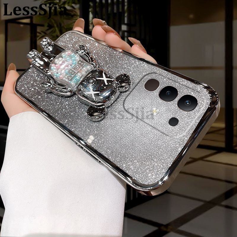 Phone cover Vivo Y29 4G Back Case with Cartoon 3D Bear Stand Luxury Slim Gradient Plating Glitter Girls Stylish For Vivo Y29 4G Phone cases.