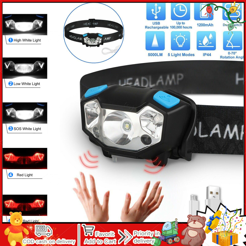 Headlamp 5000LM Rechargeable Head Lights Ultra Bright LED Head Lamp Flashlight For Camping Cycling Running Fishing