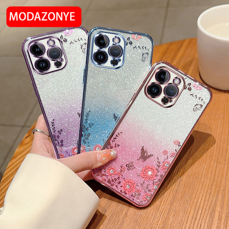 For iPhone 14 Pro Max Phone Case Glitter Bling Flower butterfly Soft Protective Back Cover For iPhone 14 Pro Max Case Girls