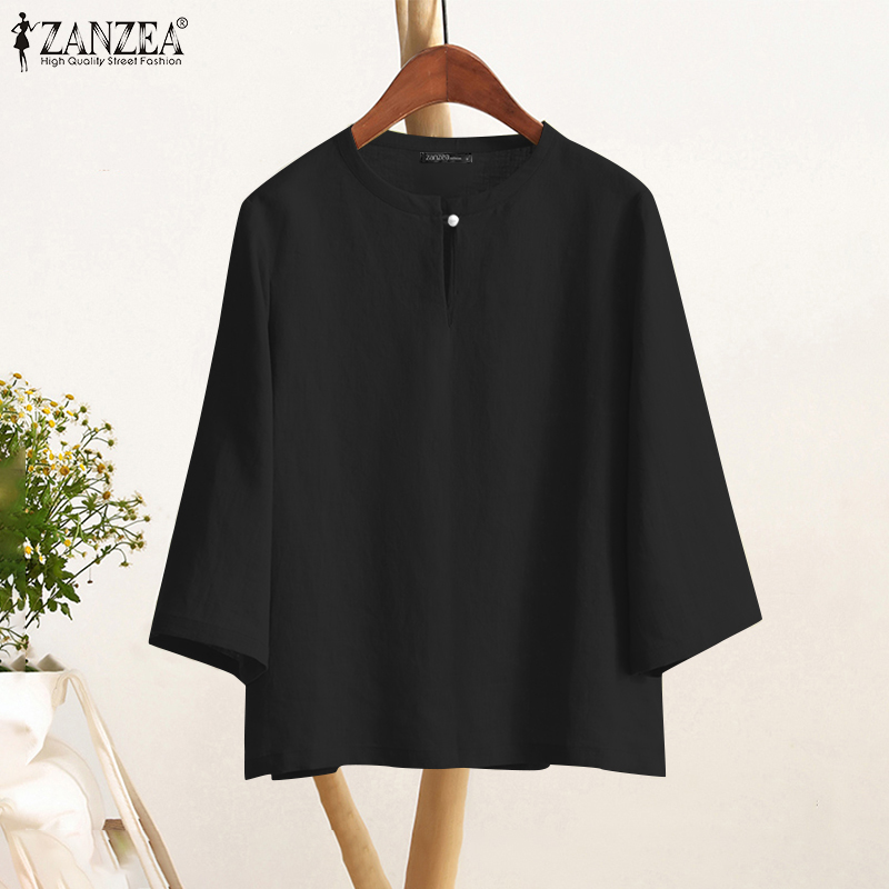 ZANZEA%20Women%20Casual%20Crew%20Neck%20Solid%20Color%20Tops%20Three%20Quarter%20Sleeve%20Shirt%20Solid%20Bohemian%20Blouses%20-%20Image%209