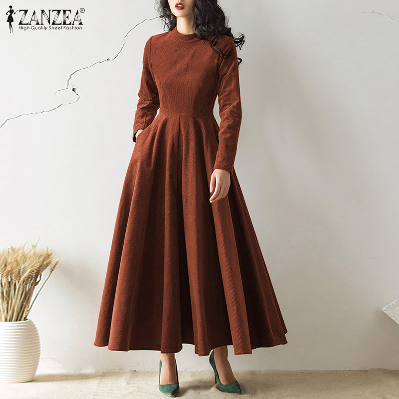 ZANZEA Korean Style Womens Elegant Long Sleeve Swing Dress Jumper
