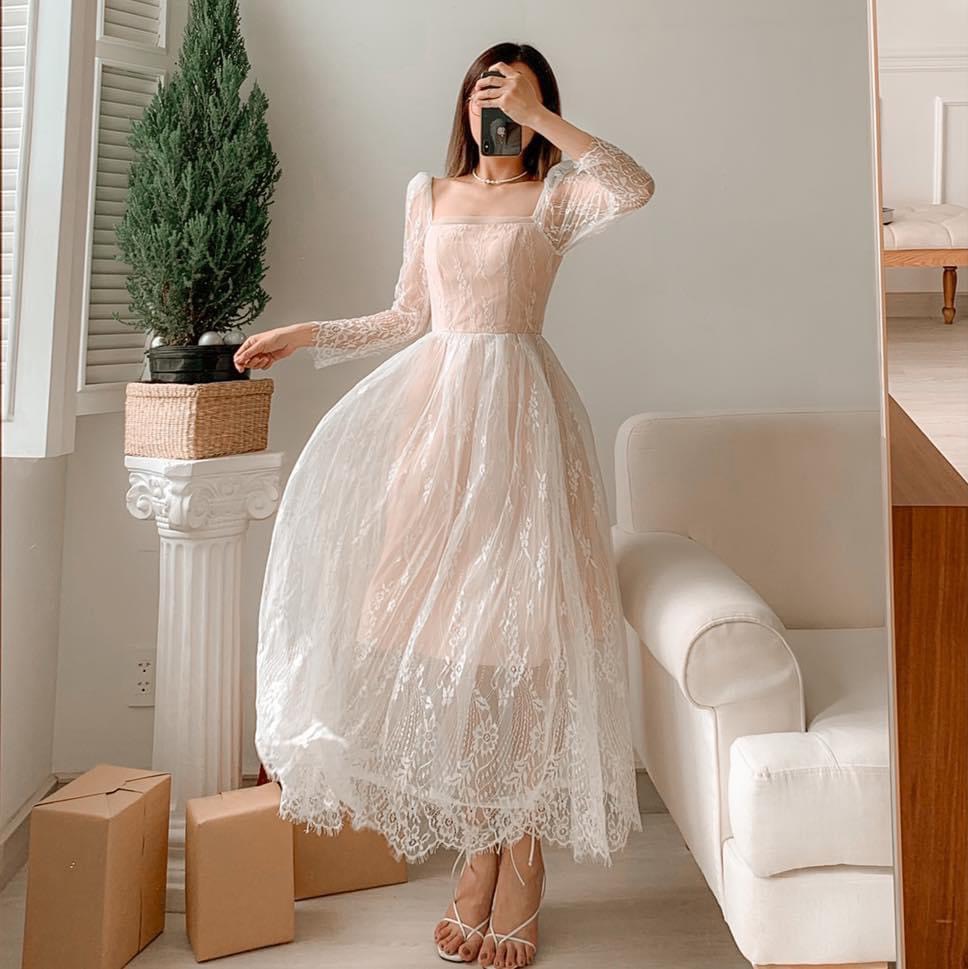 đầm ren dáng dài có lót lụa xinh lung linh ld22