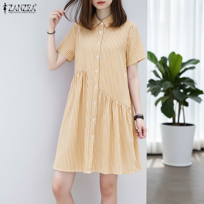 ZANZEA%20Korean%20Style%20Women%20Summer%20Lapel%20Solid%20Color%20Dresses%20Pleated%20Stripe%20Short%20Sleeve%20Knee%20Length%20Dress%20#0126%20-%20Image%203