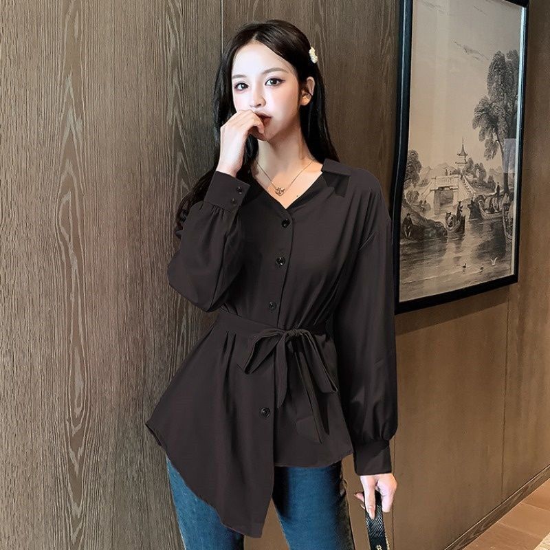 Red Chiffon Shirt Women's Spring and Autumn Fashion Irregular Tunneled Mid Length White Shirt Design Feel Versatile Top Fashion