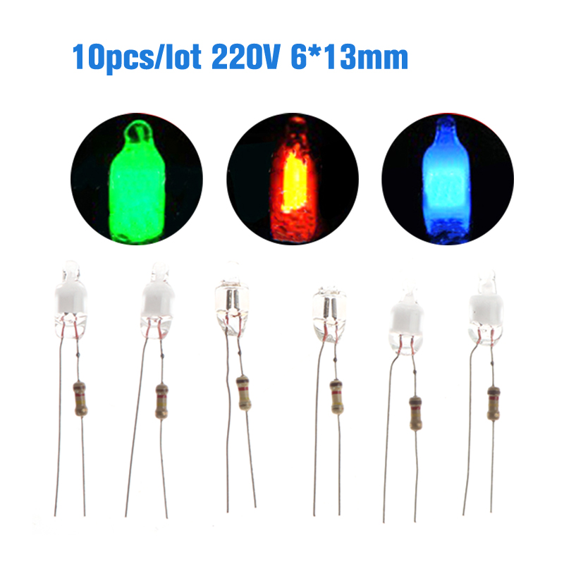 10Pcs Neon Indicator Light Green Red Blue Signs 6mm Neon Lamp Glow 2 Copper Wire 6X13mm Neon Indicator Bulbs. 