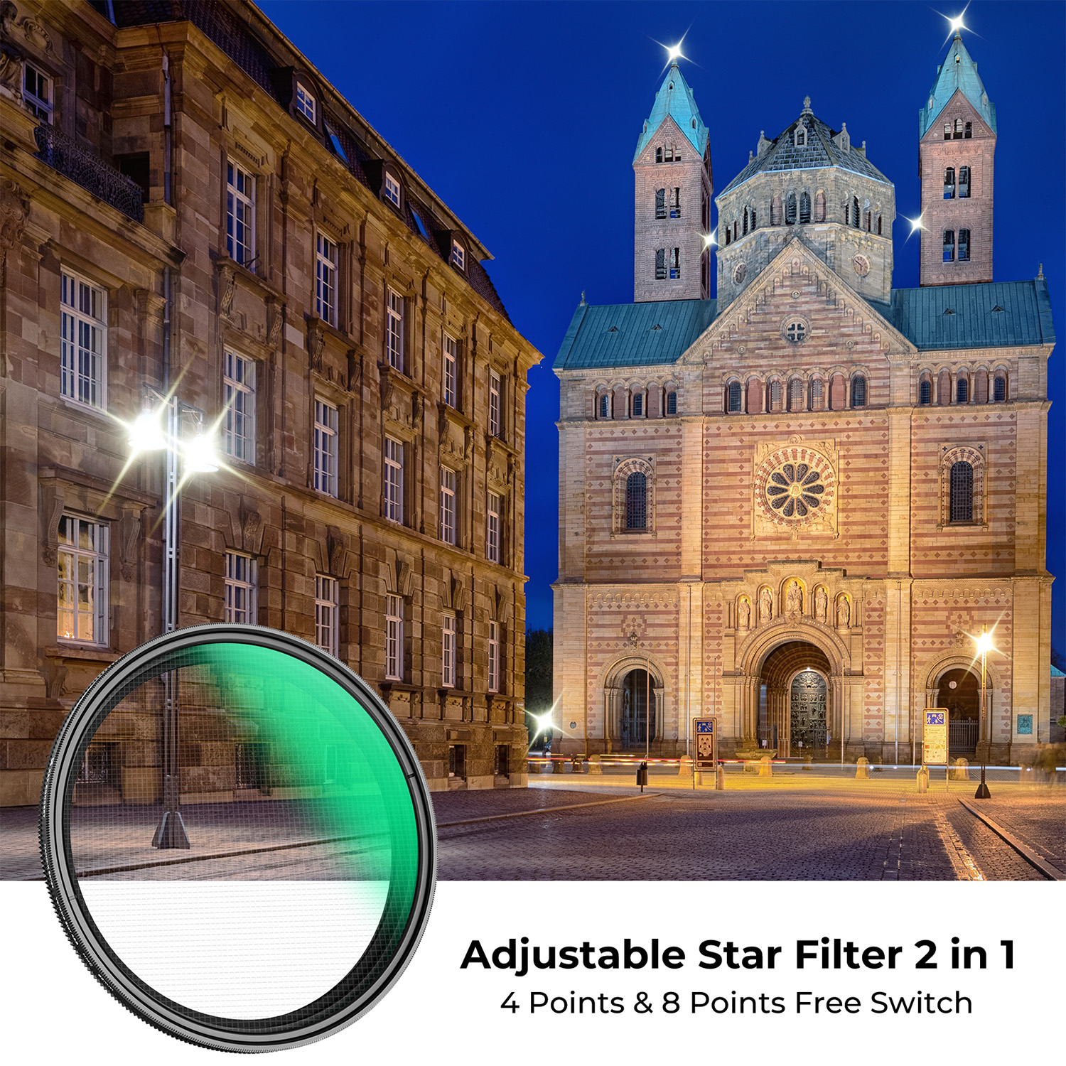 K&F Concept Nano-C Series 49mm-82mm adjustable 4 Points & 8 Points star filter with 18 Multi-Layer Coatings for night shooting and light source shooting, Suitable for micro-single SLR camera