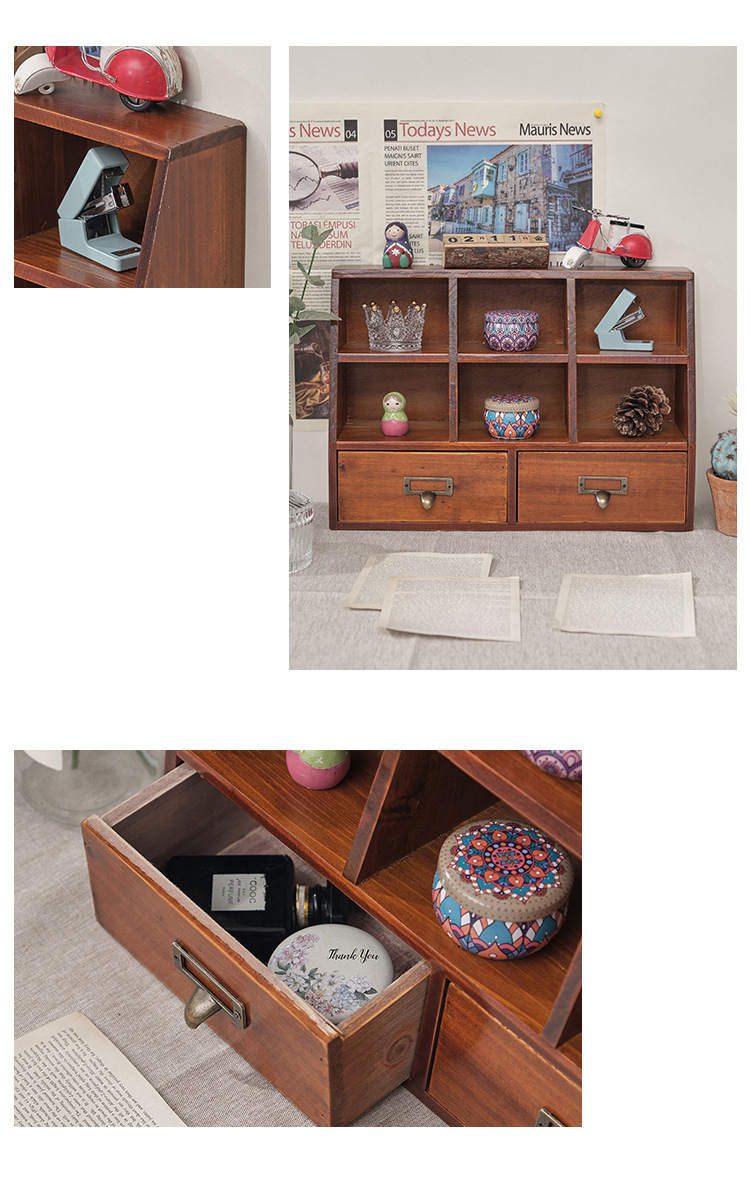 3-compartment 2-drawer retro multi-functional storage box display display cabinet solid wood desktop drawer storage cabinet storage cabinet