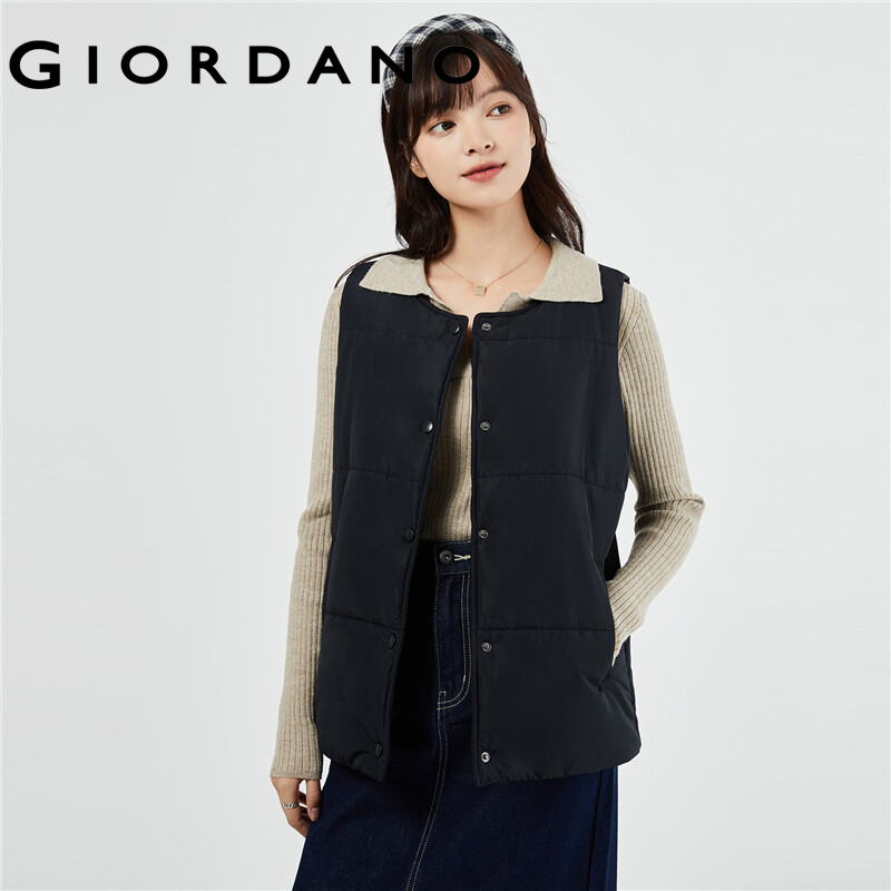 GIORDANO Women Jackets Crewneck Sleeveless Padded Vests Button Closure Solid Color Warm Simple Fashion Casual Vests 13373832