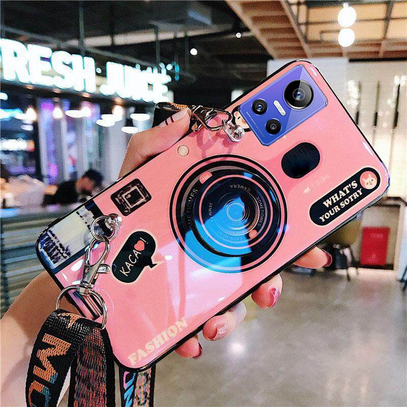 For Realme GT NEO 3 Case,with Camera Stand+Long Rope Design Phone Case Fashion Creative Camera Pattern Boys Girls Soft Silicone Shockproof Casing Protective Back Cover Couple