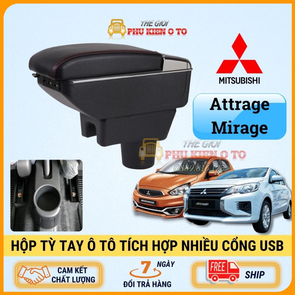Hộp tỳ tay ô tô xe Mitsubishi Attrage và Mirage tích hợp 7 cổng USB lắp đặt dễ dàng
