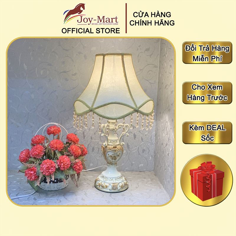 Đèn ngủ để bàn tân cổ điển - joymart - đèn để bàn đẹp thân sứ composite cao cấp, hoa văn tinh xảo, chao vải lụa đẹp quý phái, kèm bóng led mb3048