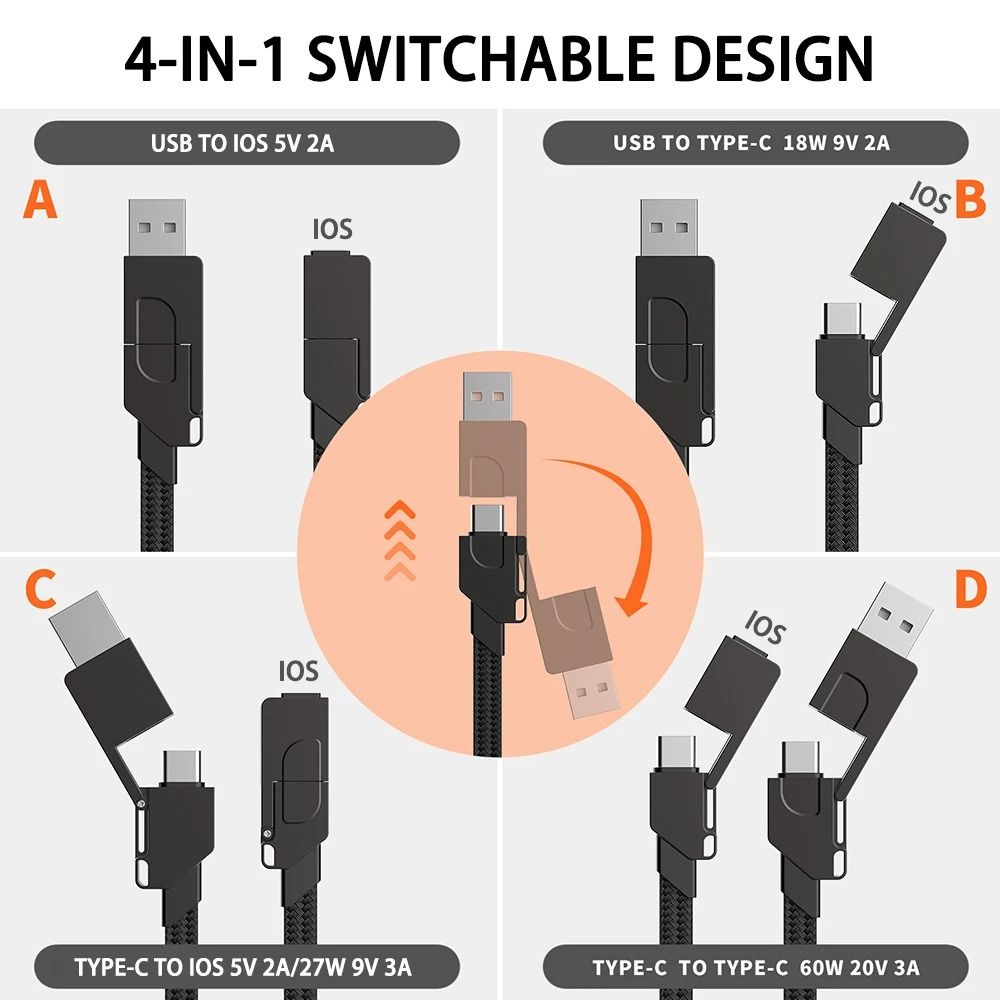 AAVGH 4 in 1 Multi Charging Cable Short Fast Charger Keyring Multi Connectors Cable USB A/C to Type C Charger Cord
