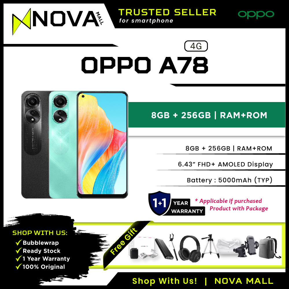 Oppo A78 4G (8GB+8GB Extended Ram)+256GB Rom (Original Malaysia Set) With  Premium Gift