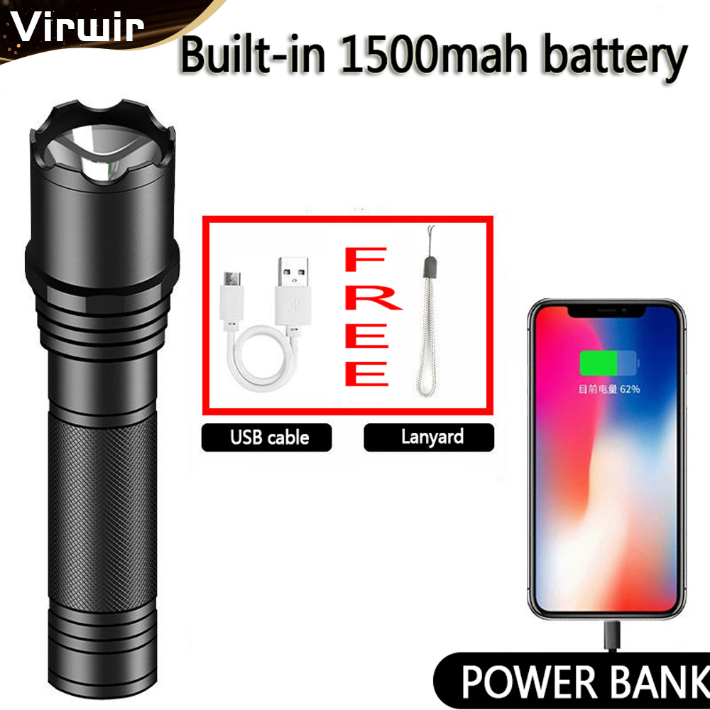 [In stock] Virwir Portable LED Flashlight T6 Light Beads 3 Lighting Modes Flashlight Bicycle Light Camp Torch Use Built-in Battery Be Power Bank