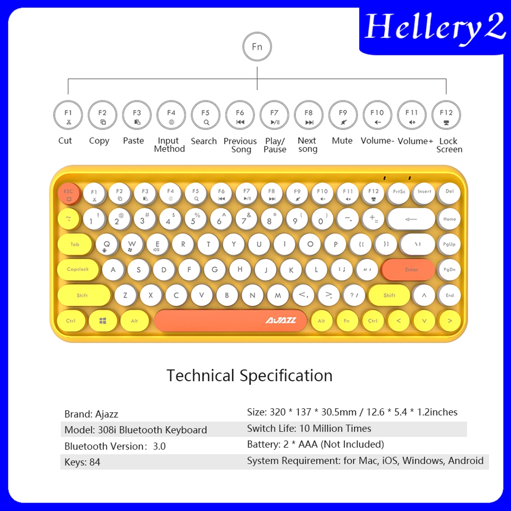 Ajazz Wireless Bluetooth Keyboard Compact Retro Round Keycaps 84-Keys Auto Sleep