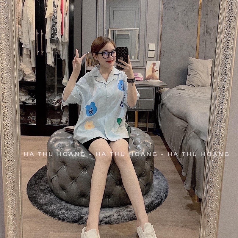 Set Bộ Đồ Nữ Áo Sơ Mi Tim Phối Quần Legging Co Giãn