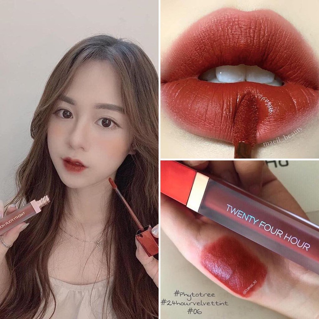 Son kem lì phytotree màu 06 - đỏ gạch, son phytotree twenty four hour velvet tint - 06 rose signal