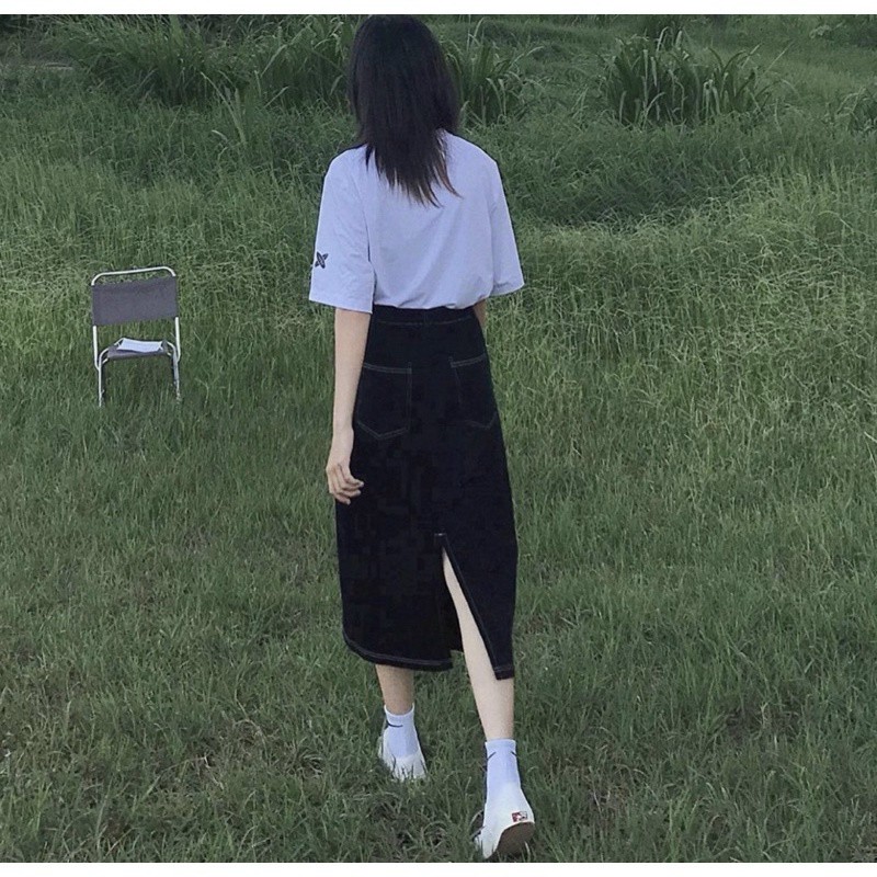 Chân váy demin lưng cao dáng dài xẻ tà ms 01