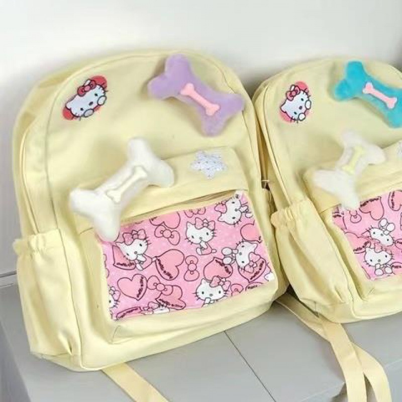 ELACCENT Fashionable children's backpack, cute cartoon cat bones, large capacity fresh yellow school bag, college student backpack