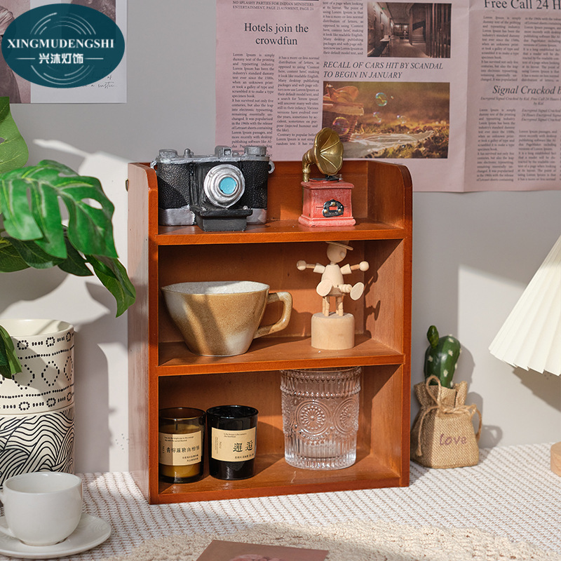 Solid wood cosmetics storage rack tabletop cup sample storage box multi-layer wood vintage shelf display shelf save space wood