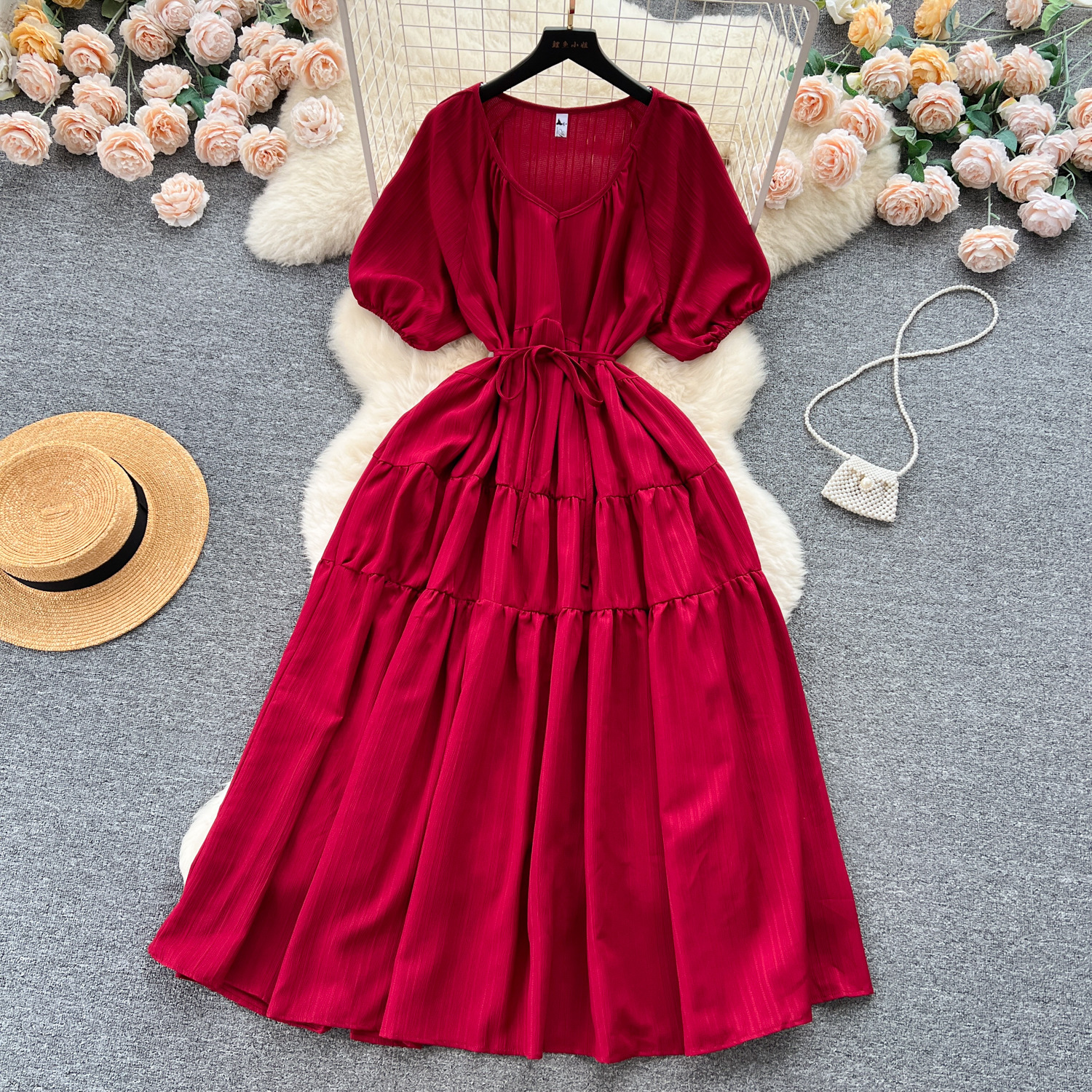 New Women Casual Korean Fashion Dress Summer Vintage Bubble Sleeve V-neck Long Dresses Ladies Solid Party Dress