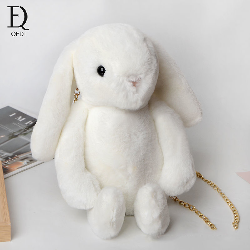 QFDI Women's Shoulder Bag Plush Bunny Pack Crossbody Backpack with Chain Backpack
