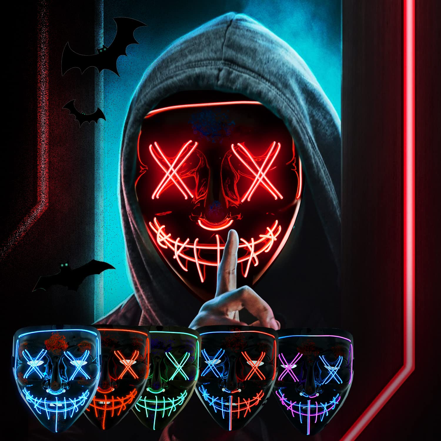 Jsdoin Halloween Masks, Scary LED Purge Mask, Light up Mask Cosplay, LED Rave Face Mask Costume 3 Lighting Modes, Halloween Face Masks for Men Women Kids（Blue）. 