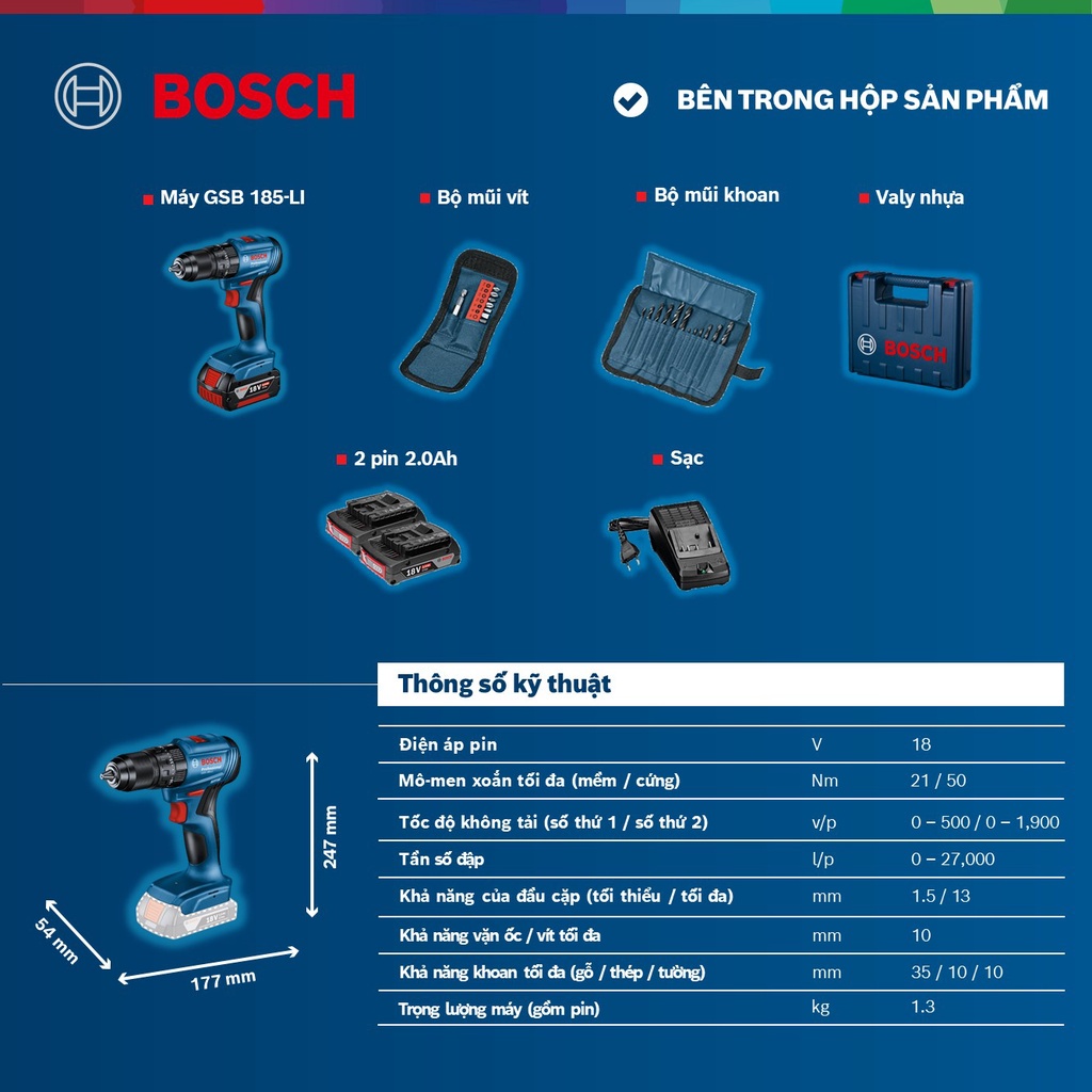 Máy khoan vặn vít động lực pin GSB 185-LI