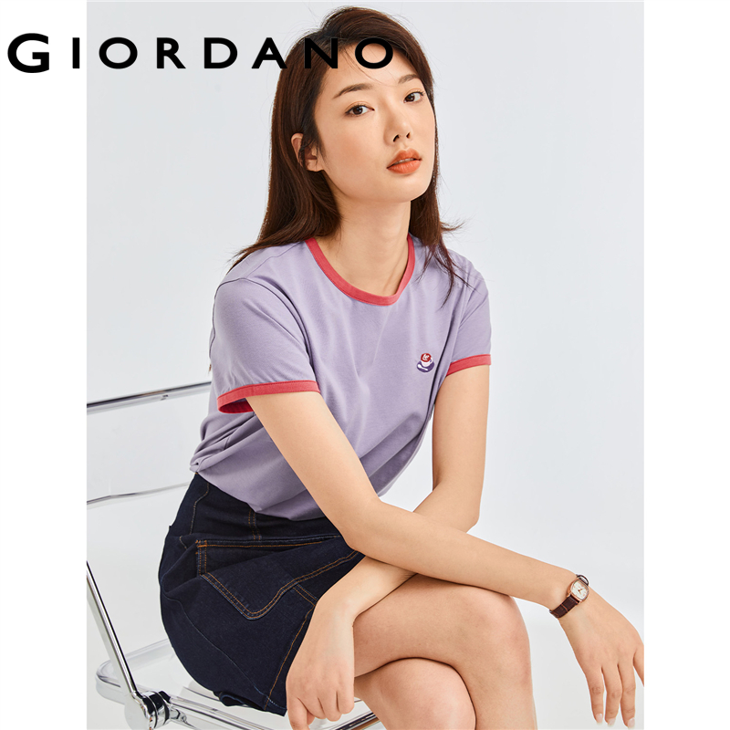 Giordano women t-shirts exquisite embroidery casual t-shirts 100% cotton classic crewneck short sleeve summer t-shirts 05322395