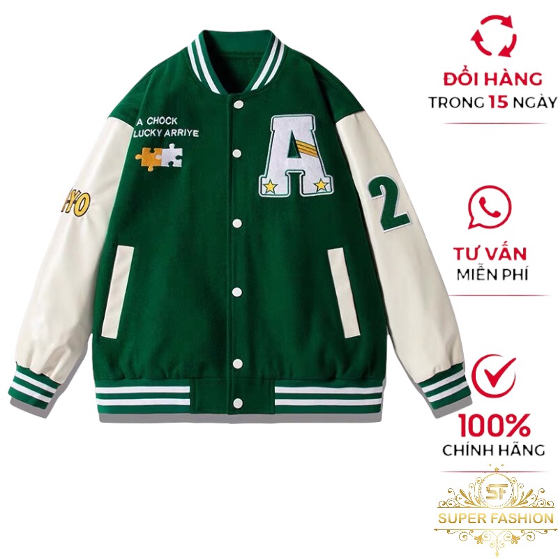 Áo Khoác Bomber Nam Nữ Nỉ Ngoại Fom Rộng Dày Đẹp Thiêu Chữ A Phối Tay Trắng Super Fashion