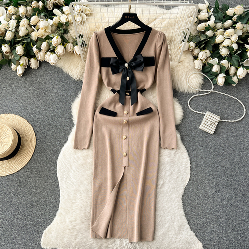 Darling daughter wind high-grade knitted dress women's autumn and winter bow single-breasted design super fairy dress