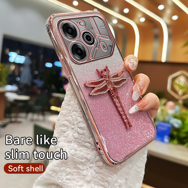 Phone case For Tecno Pova 6 Pro / Tecno Pova 5 Pro case shell Sparkling Gleaming 3D Cartoon Crystal Dragonfly Phone Holder Ultra-thin Silicone Transparent Soft Shell Cases Housing.
