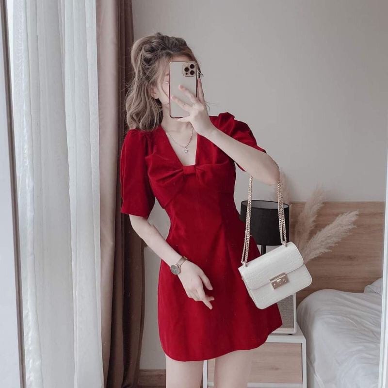 Đầm Váy Nhung Đỏ Nơ Siêu Xinh