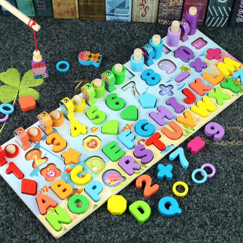 QWZ Kids Montessori Educational Wooden Math Toys Children Busy Board Count  Shape Colors Match Fishing Puzzle Learning Toys Gifts
