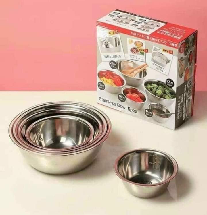 Sét 5 chậu/ bát inox đủ kích thước trộn saldad, thau trộn bột làm bánh tiện lợi - sét 5 cái tô chậu inox 14cm-24cm