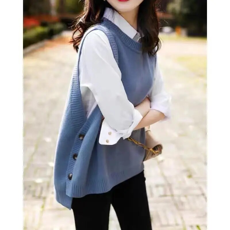 Women's Elegant Round Neck Sweater Tank Top Loose Sleeveless Side Buckle Fashion Fashion Fashion Solid Color Comfortable Knitted Tank Top