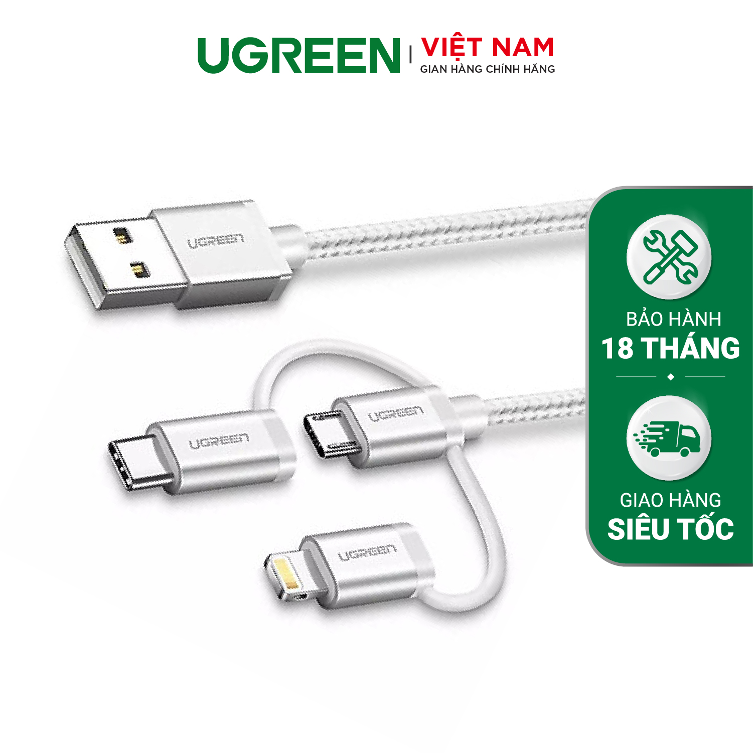 Dây sạc và truyền dữ liệu 3 in 1, hỗ trợ cổng Lightning cho dòng iPhone/iPad/iPod, cổng Micro USB cho điện thoại Android, cổng USB type C  UGREEN US186
