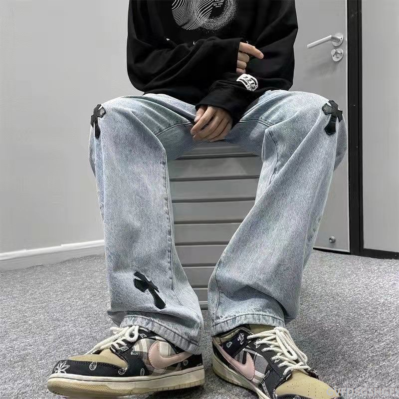 Quần dài trào lưu vibe plus phiên bản dài thẳng ống Quần jeans rộng thùng thình soái hi hip hop học sinh quần jeans nam thập tự giá trái tim cro d0463