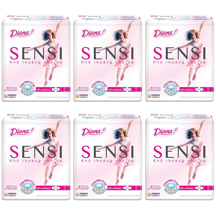 Combo 6 Băng vệ sinh Diana Sensi Siêu Mỏng Cánh (8 miếng)