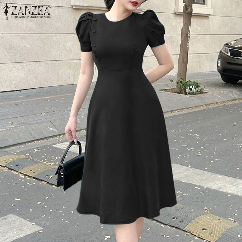 ZANZEA Korean Style Women Holiday Fashion High Waist Dresses Short Sleeve  Crew Neck A-Line Solid Midi Dress #0310 | Daraz.lk
